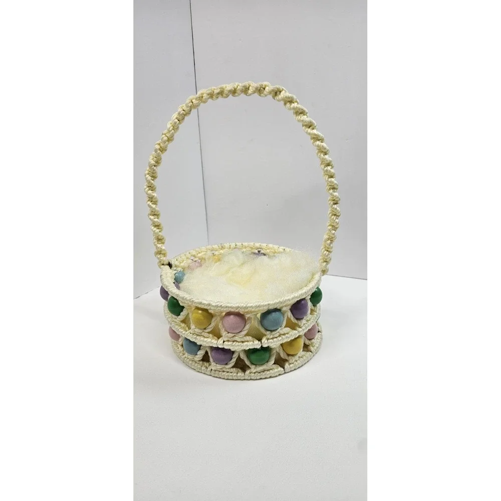 Vintage MCM‎ Macrame Easter Basket Pastel Wooden Beads Handmade Boho Decor 12